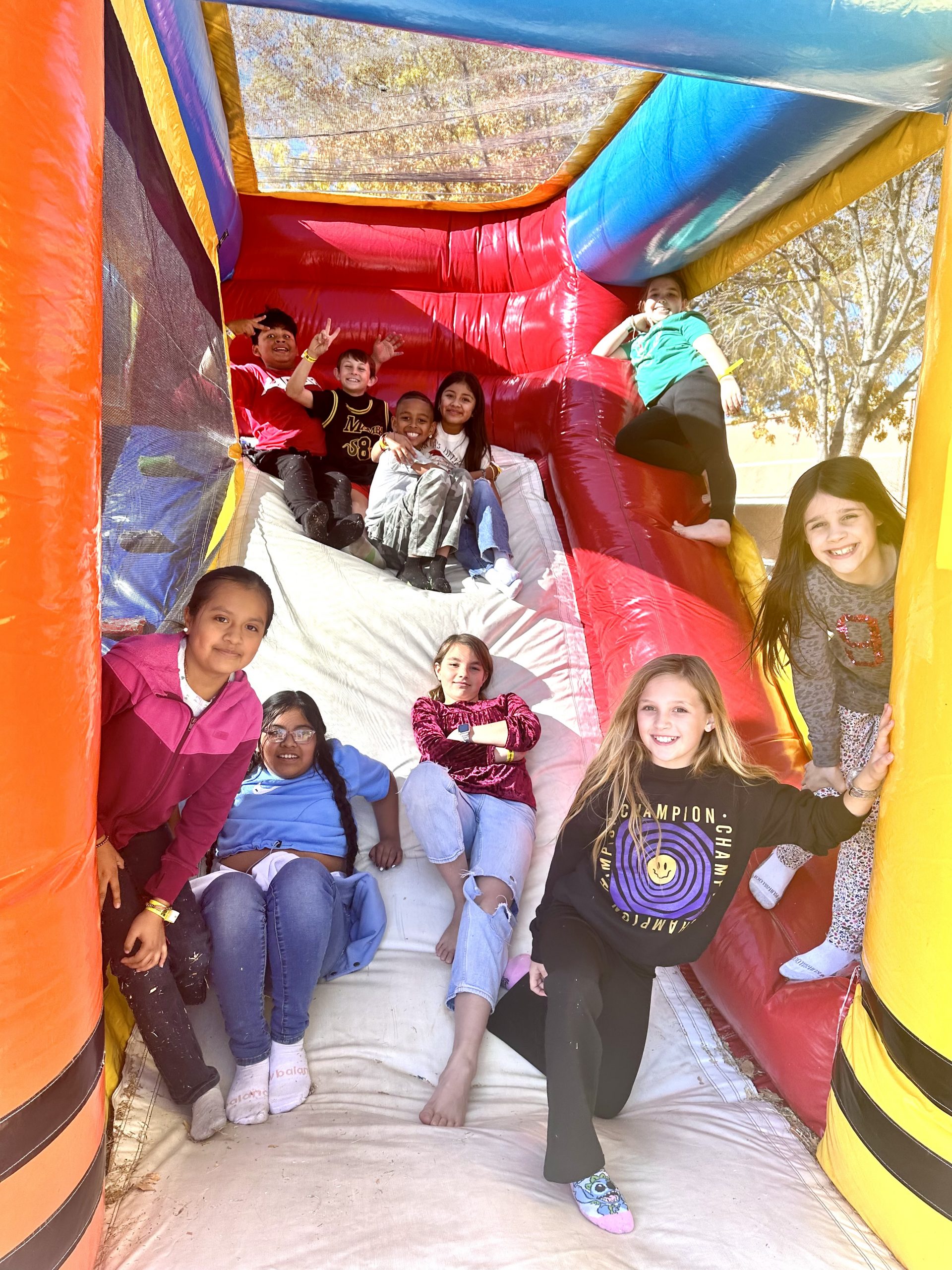 Students from Mrs. Cruz's class in the Bounce House.