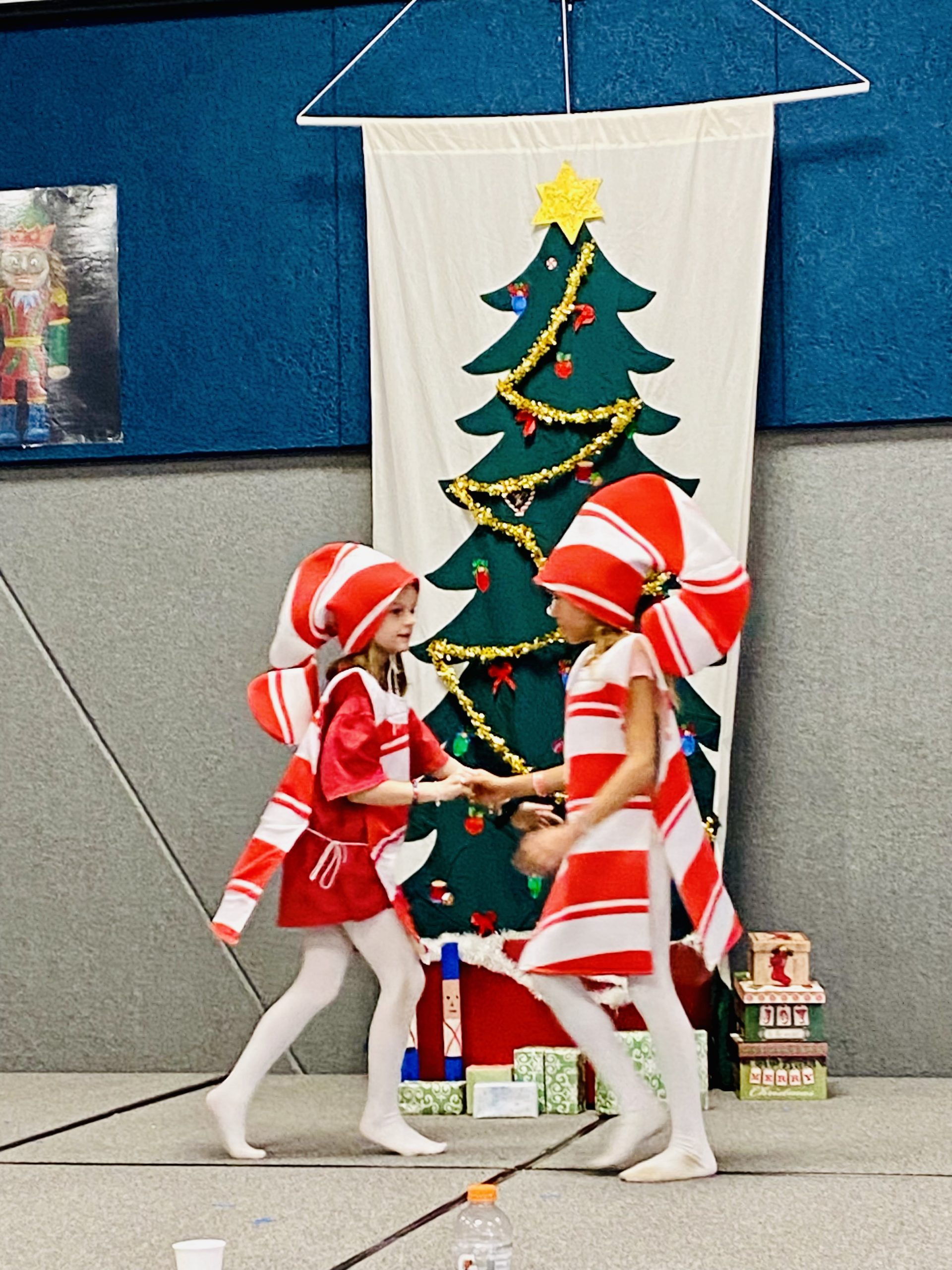 Two candy cane girls practicing for Nutcracker