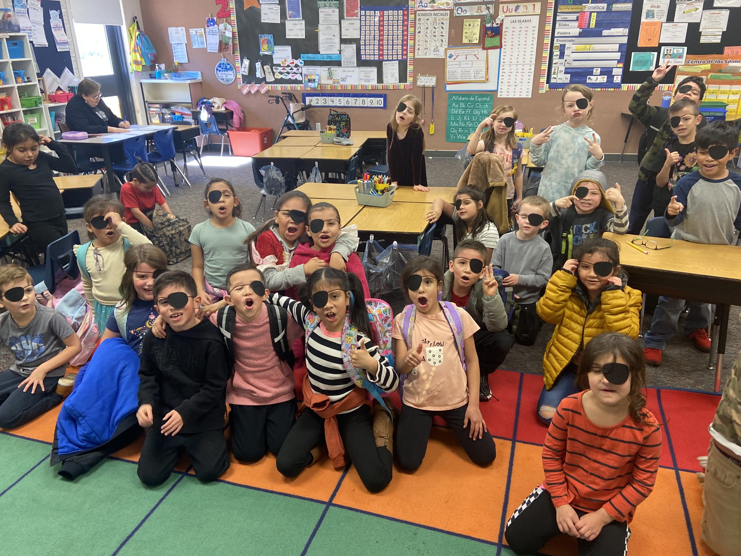 Classroom of students wearing eyepatches for Pirate Day